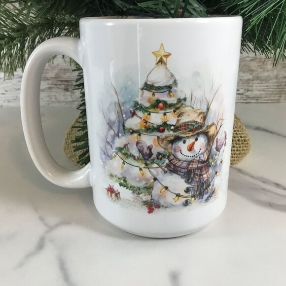 Rustic Snowman with Christmas Tree 15 oz Ceramic Coffee Mug - Picture 1 of 6